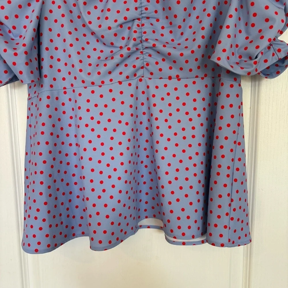 Kate Spade Plus Size 16 Peplum Top Ruched Blue Red Polka Dots Puff Sleeves Zip